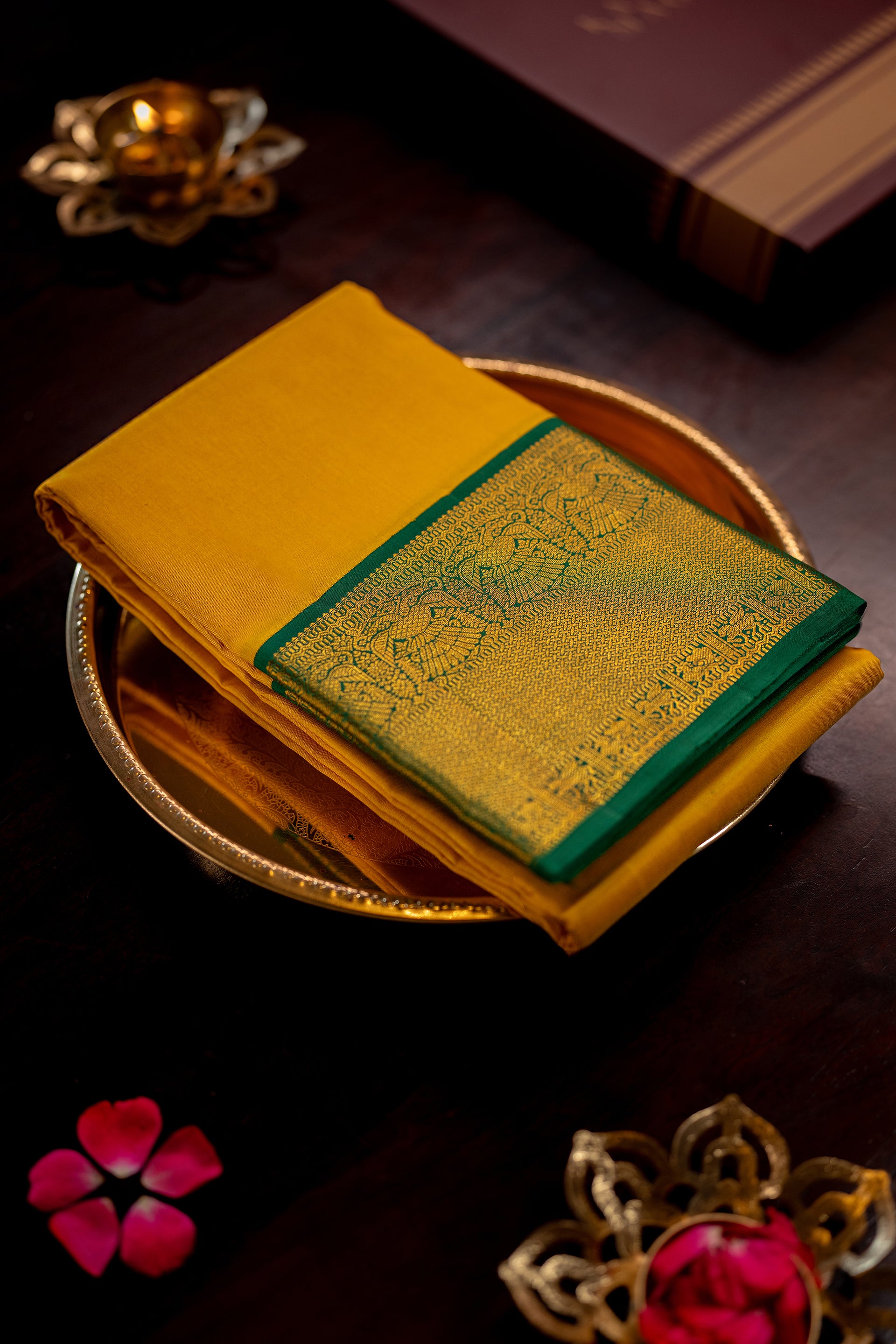 Yellow with Green border silk saree