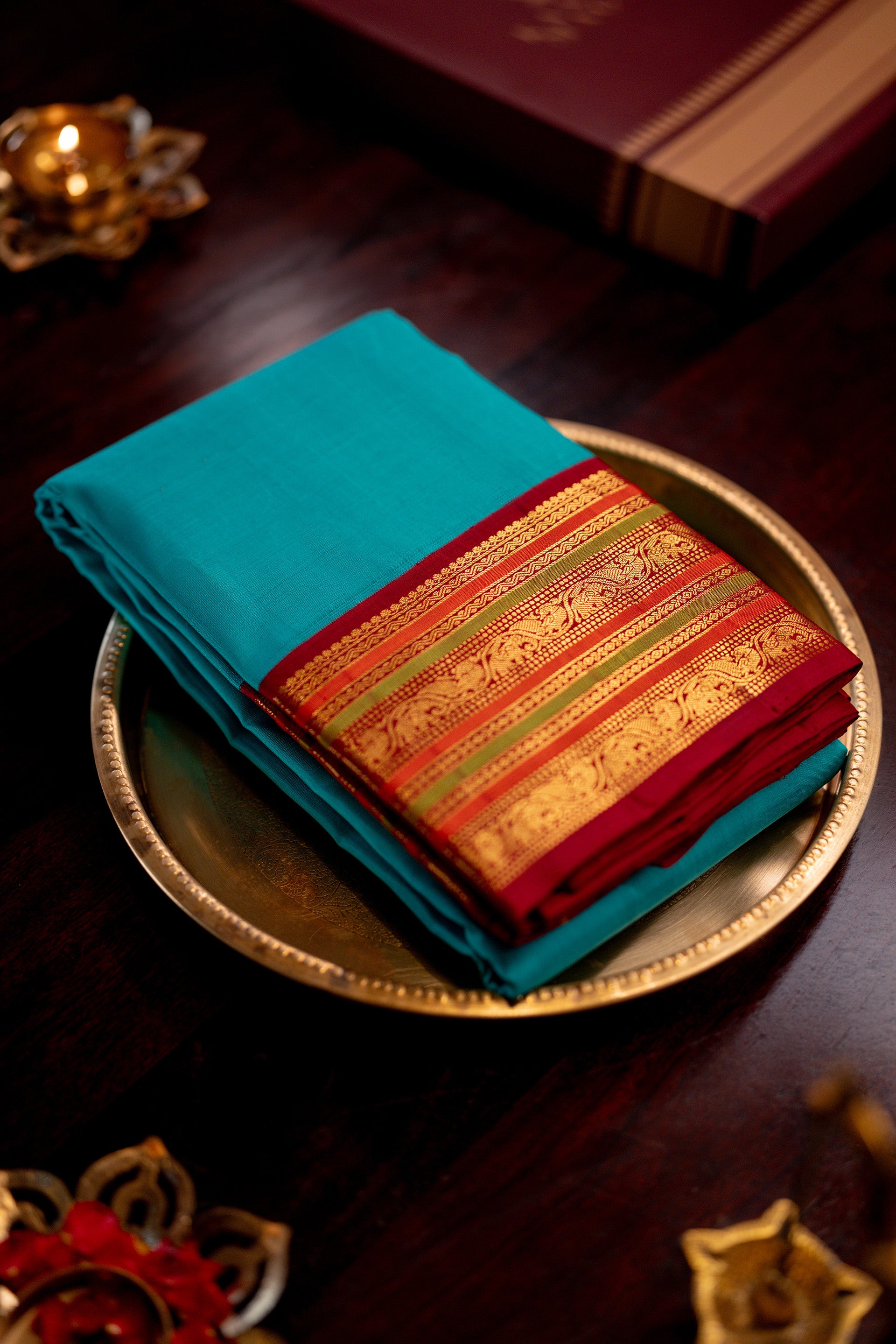 Cyan Saree with Red Borde