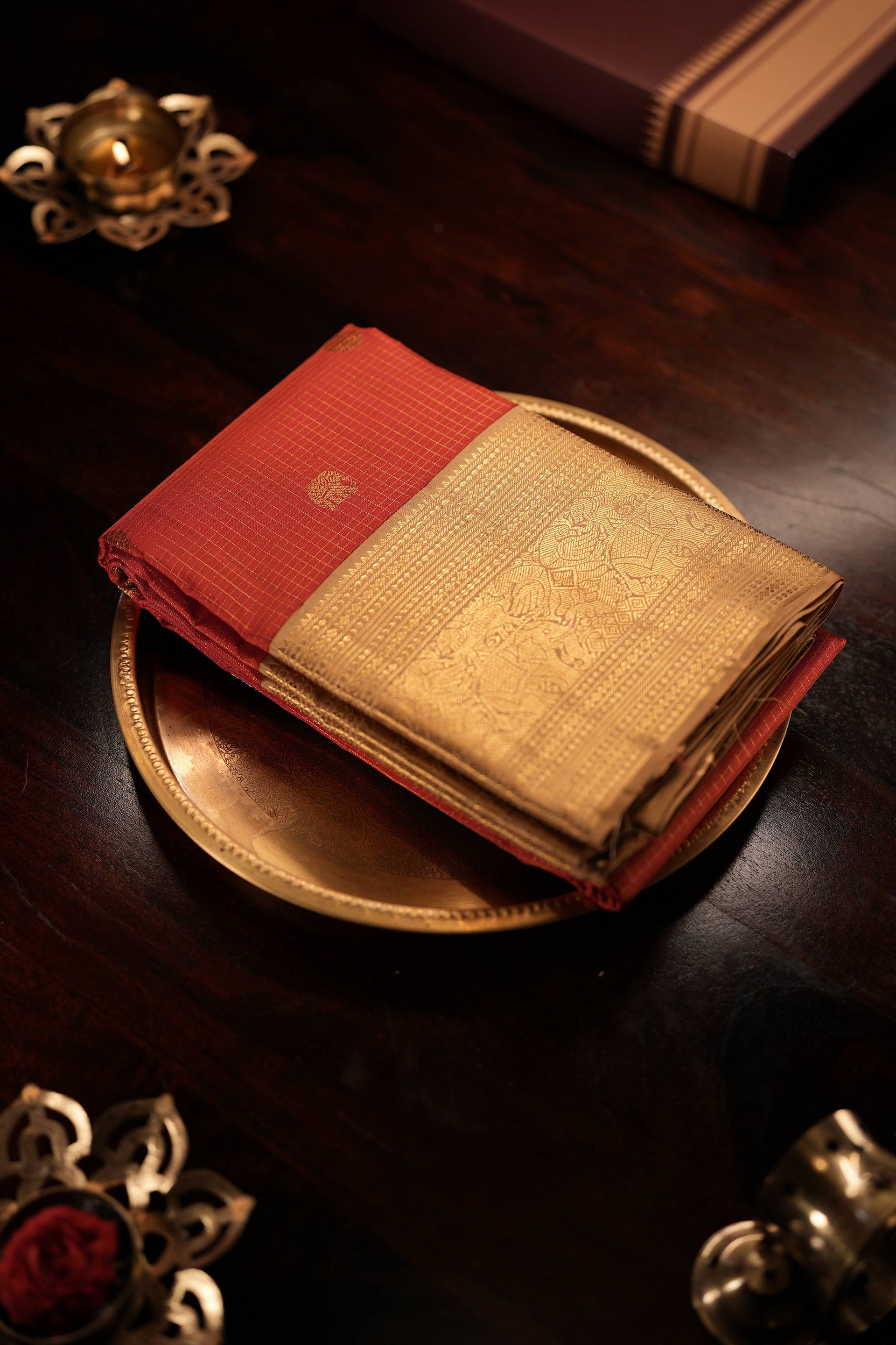 Coral Red with Gold Zari