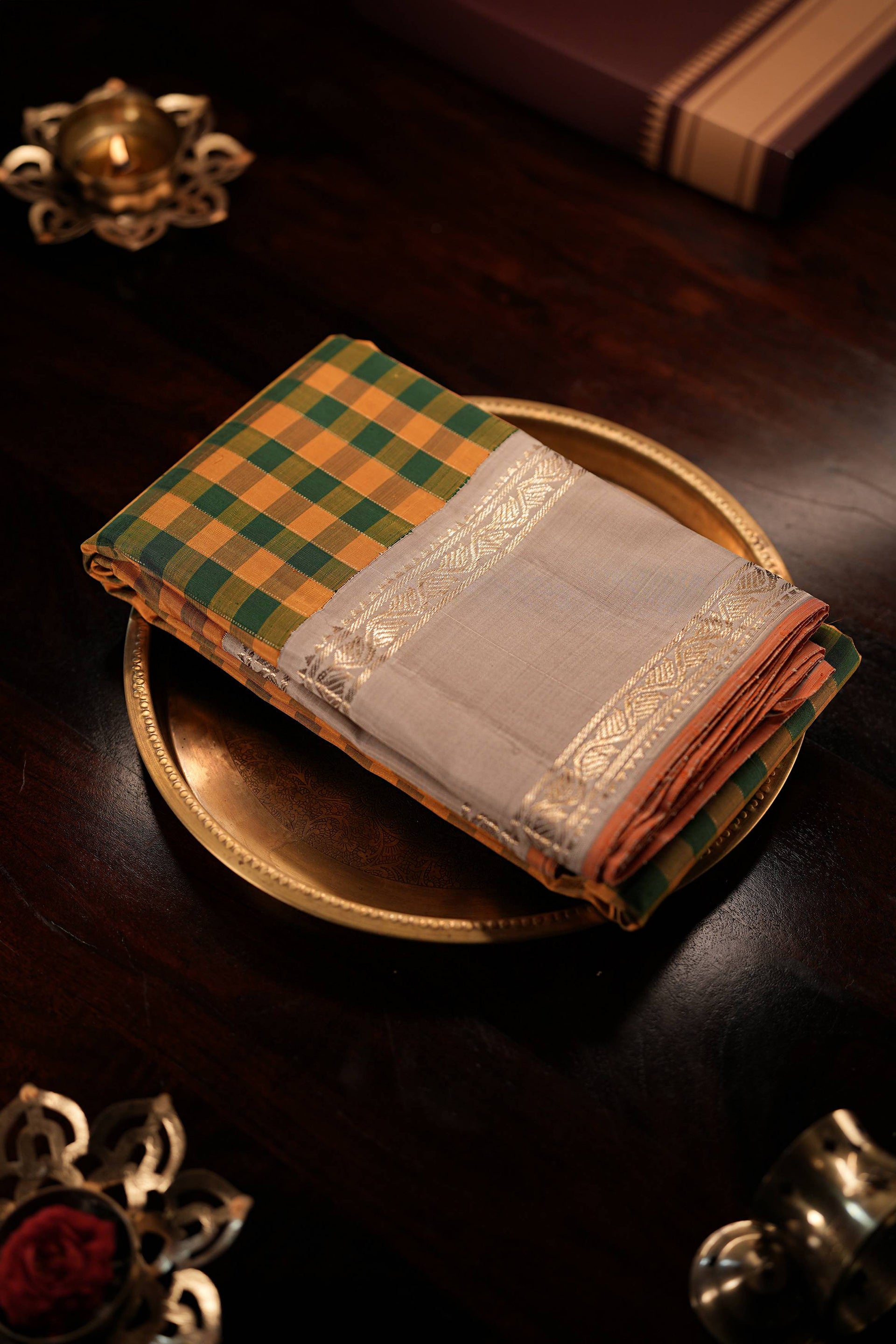 Green & Mustard Checked Saree